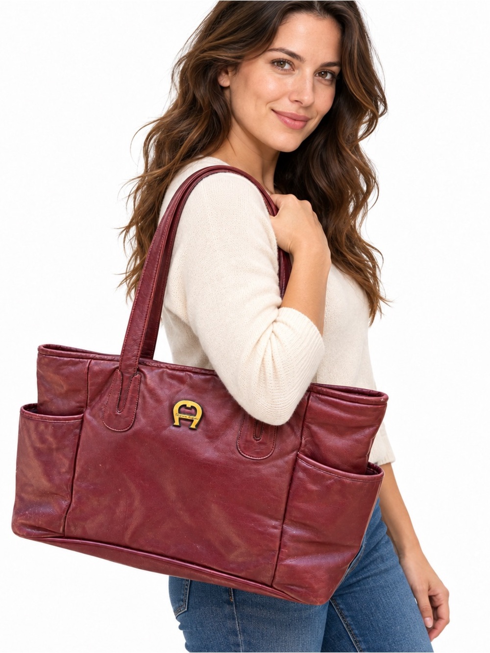 Etienne Aigner Burgundy Leather Shoulder Tote Bag